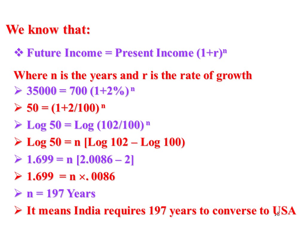 18 We know that: Future Income = Present Income (1+r)n Where n is the